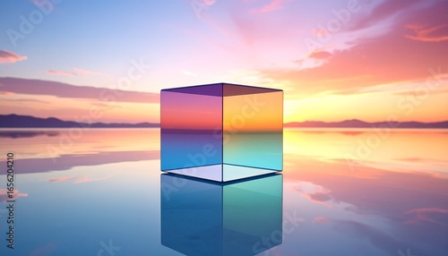 A surreal Rubik’s Cube floats on mirror-like water under a radiant sunset—blending geometric precision with natural beauty, evoking reflection, mystery, and tranquil symmetry.