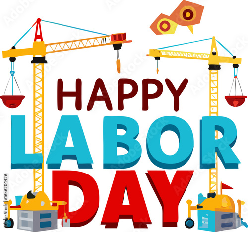 Happy labor day cartoon construction worker typography isolated on white background
