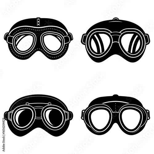 Collection of four vintage style aviator goggles in black and white silhouette illustration format