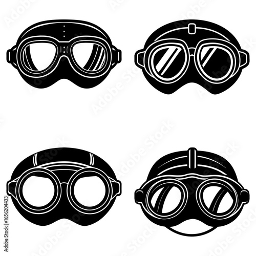 Illustration showing four different styles of vintage aviator goggles and helmets in black and white design