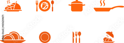 Collection of simple orange food and kitchen icons on white background.