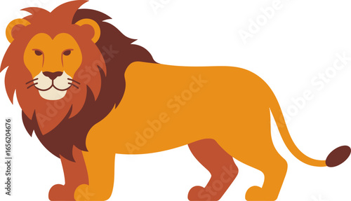 Majestic lion with a full mane stands proudly against a white background.