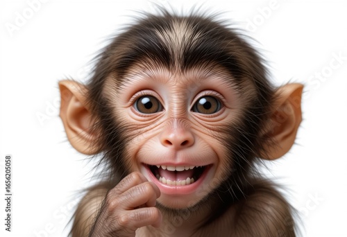 Cría de macaco con sonrisa traviesa, ojos grandes y manitas. Aislado sobre fondo blanco, el primer plano revela la personalidad juguetona del primate