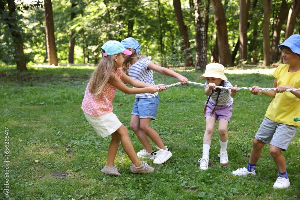 Obraz premium Cute little kids playing tug of war in park