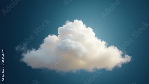 Nube blanca esponjosa realista suspendida sobre un fondo azul marino intenso, proyectando sombras suaves y evocando una sensación de calma y ensoñación