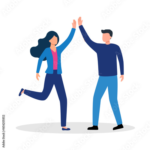 Informal greeting flat vector illustrations. Happy people giving high five on white background. Cheerful friends and colleagues cartoon characters. Happiness, joy expression or work success.