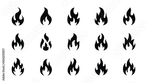 Set of Black Fire Flames in Various Shapes on White Background Represents Energy and Passion