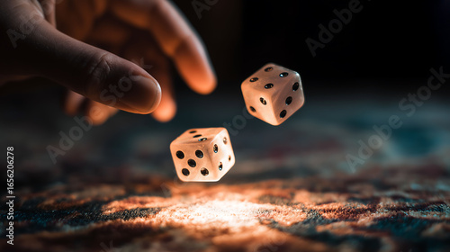 Close up a hand throwing two glowing dice on above a casino table. Winning, Jackpot, Gambling addiction concept
