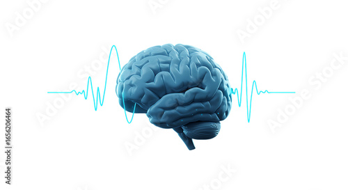 3d quiet mind app icons human brain with a blue electrical wave isolated on transparent background