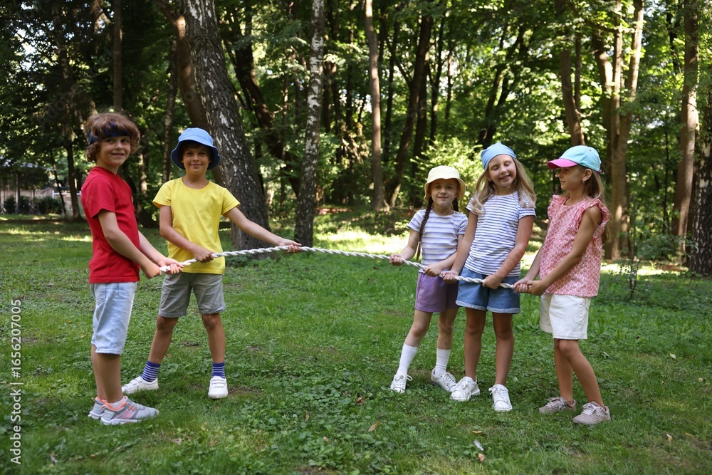 Obraz premium Cute little kids playing tug of war in park