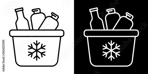 Cooler with drinks and snowflake icon on white and black background vector illustration