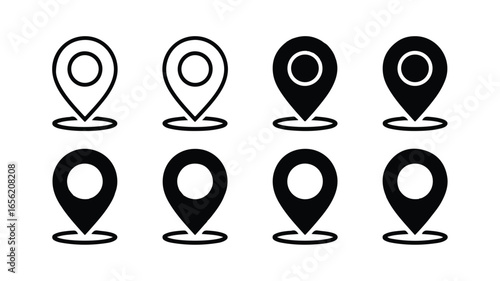 Set of location pin icons in various styles representing navigation and mapping concepts for web and mobile applications