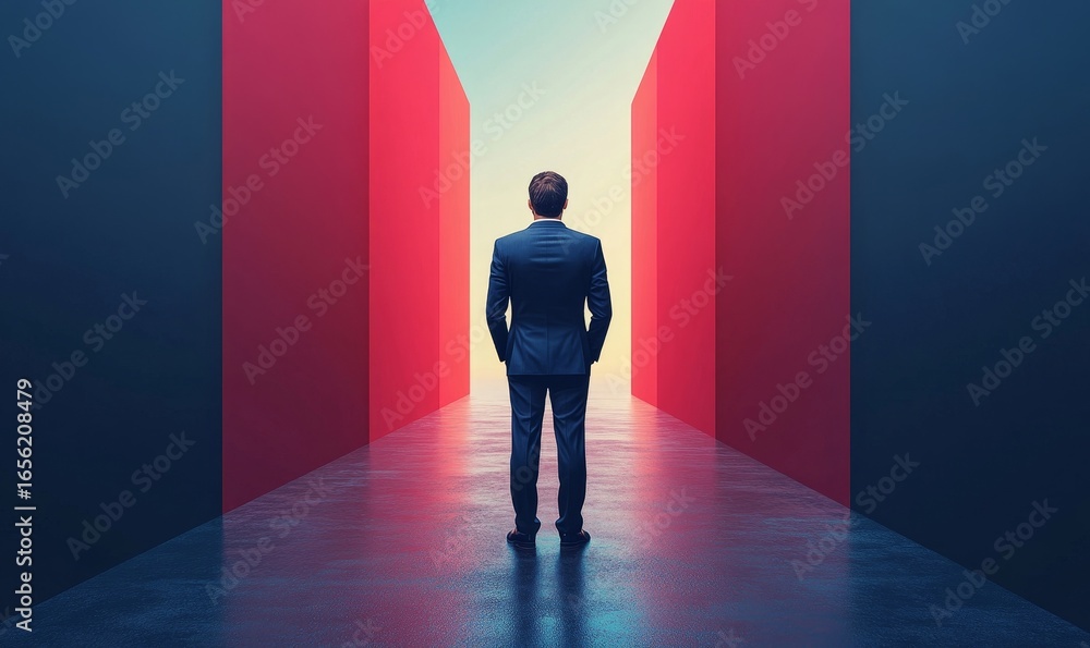 Obraz premium Determined businessman in a suit standing before a symbolic barrier, representing obstacles such as sanctions, economic challenges, or potential business deadlocks, Generative AI