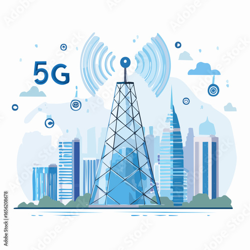 6G network vector with satellite tower and connected smart devices. Represents future communication and high-speed technology.