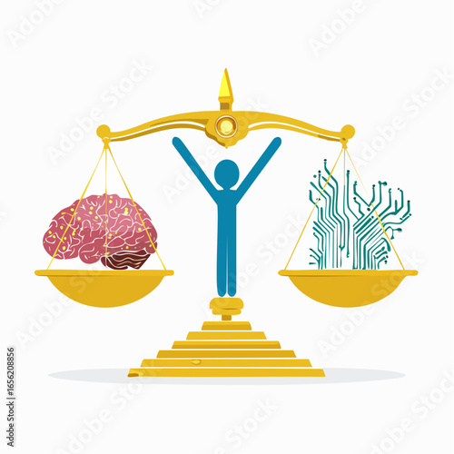 Ethical AI vector showing balance between human and artificial intelligence. Great for tech ethics and AI responsibility themes.