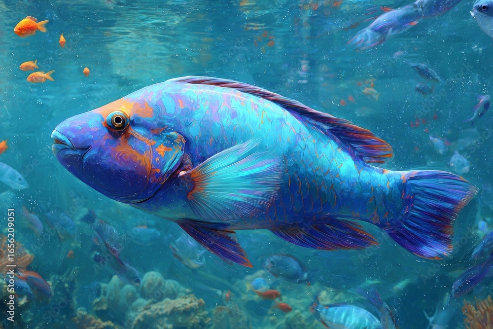 Naklejka premium Turquoise water is the backdrop for bicolor parrotfish swimming above a coral reef