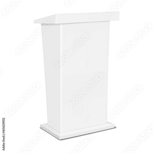White portable rostrum stand. Realistic 3d vector mockup. Blank inclined tabletop promotional tradeshow table for brand design. Mock-up. Slanted exhibition lectern counter. Template