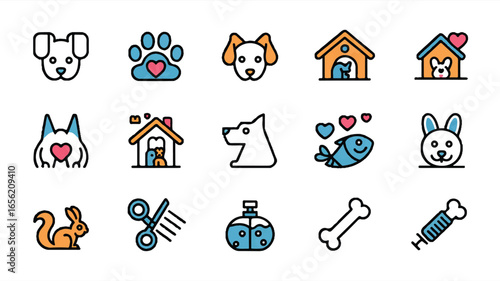 Set of pet care icons with dogs cats fish grooming vet clinic and more for web and print design