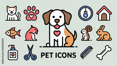 Set of Pet Icons with Dog Cat Fish Hamster Paw Print and Grooming Supplies Vector Illustration Design