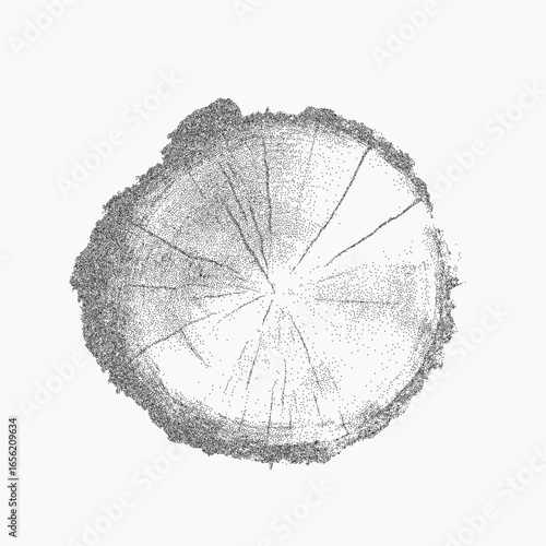 Tree cut section with circular grain lines, gritty texture and dusty paper noise. Rough threshold edges and scattered stipple dots create a vintage look.
