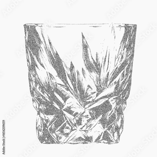 Faceted glass. Simple form with scattered grit, worn grain texture, and ink threshold noise. Dust and scratches across the retro paper surface.
