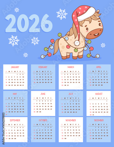 2026 annual calendar. Cute Christmas Horse in Santa hat with Garland. Funny kawaii animal. New Year Vector vertical template 12 months in English. Week starts Sunday. Symbol Year in Eastern calendar