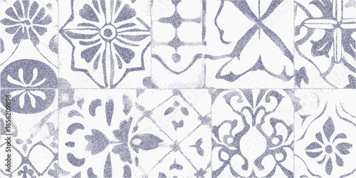 Blue tile pieces with irregular edges and cracked texture, dusty grain with faded paper noise, stippled detail and subtle speckle throughout.
