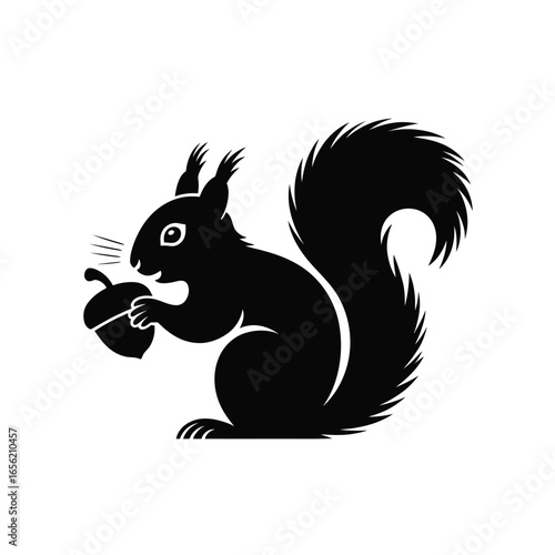  Black silhouette of squirrel holding acorn – minimalist wildlife icon for nature, autumn, forest themes, and animal behavior illustrations