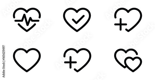  Set of six black heart icons with medical, approval, and love symbols—minimalist vector design ideal for health, UI, and emotional themes