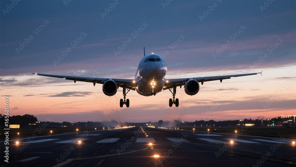 Fototapeta premium Commercial Airplane Landing on Runway at Sunset with Illuminated Lights and Clear Sky