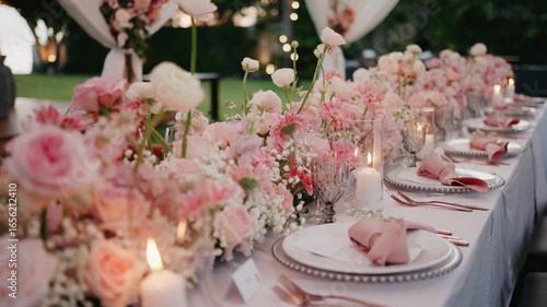 Elegant outdoor wedding table setting with pink roses, candles, and crystal glasses, creating a romantic atmosphere perfect for celebrations, events, and luxury dining concepts.