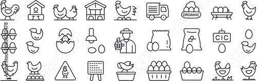 Chicken farm line icon set with hens, eggs, poultry farming, organic food production, agriculture industry, farmer symbols, flat vector illustration