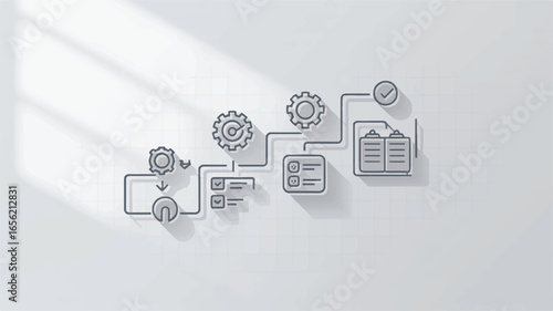 Streamlined workflow process illustrated with gears checklists and documents on a clean white background depicting efficiency and automation for business