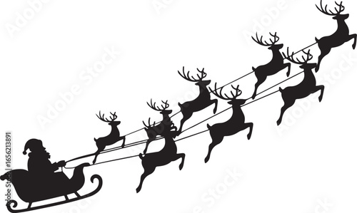 Black silhouette of Santa Claus in a sleigh pulled by eight reindeer flying across a white background