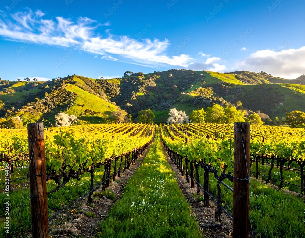 Naklejka premium Vineyard landscape at sunrise