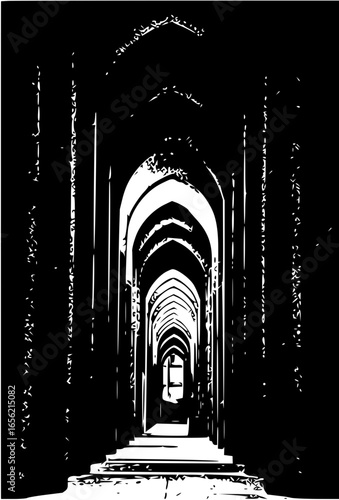 A monochrome depiction of a long corridor with arches leading into the distance in black and white art
