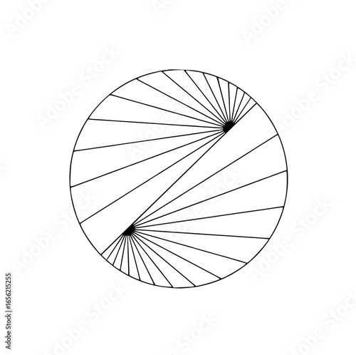 A black and white circular design with lines emanating from two points within the circle shape art
