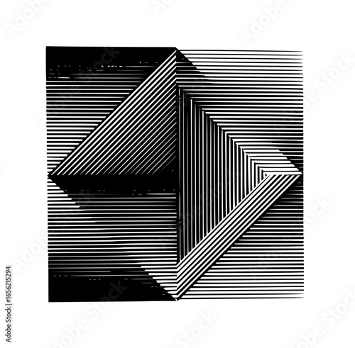 Abstract geometric design featuring black and white parallel lines creating a square and triangle shape