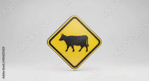 Cattle Crossing Warning Sign 3D Render of a Yellow Diamond Road Sign Featuring a Cow Silhouette