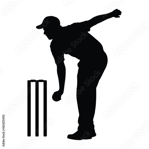 Silhouette vector illustration of a cricket bowler delivering a ball with stumps on a white background
