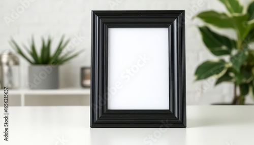 Black portrait picture frame empty copyspace standing on a white table with houseplants and white brick wall in the background  creating a modern and stylish home decor setting