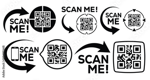 Set of black and white QR code icons with “SCAN ME!” text, arrows, and directional cues. Clean grid layout on white background. Simple, graphic, and instructional design template.
