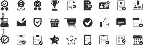 Quality assurance icons, verification symbols, checklist vector, approval signs, certificate badge, rating star, secure document, verified profile, trusted service, flat vector illustration