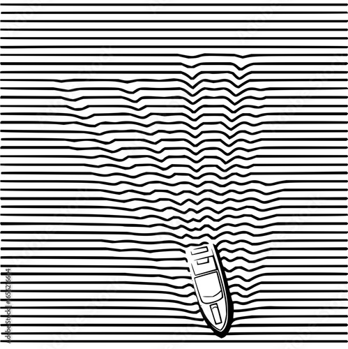 A boat sailing on water represented by horizontal lines with distortion from its wake effect design art