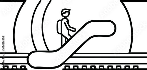 Escalator Silhouette Commuting Figure in Minimalist Line Art at a Subway Station