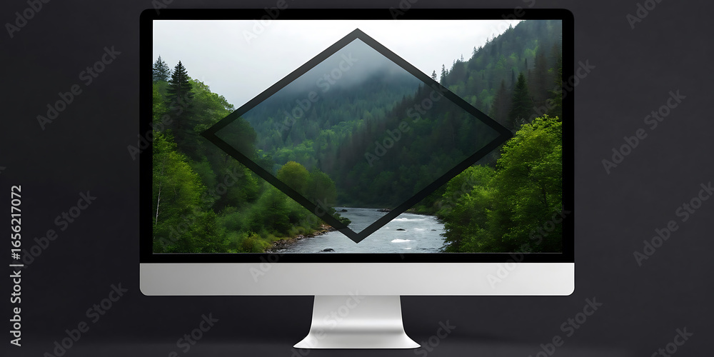 Fototapeta premium Modern Computer Monitor Displaying a Breathtaking Landscape View Through a Diamond Shape