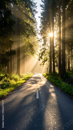 Sunbeams stream through a misty forest, illuminating a road ahead