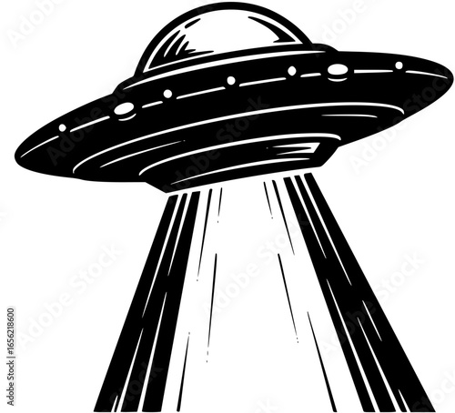 Bold black UFO with glowing beam lights, retro sci-fi vector logo for conspiracy podcasts and alien-themed brands
