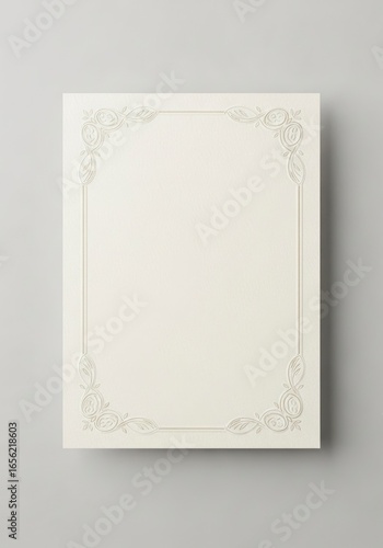 A blank creamcolored paper sheet with embossed floral frame design sits on a grey surface