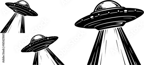 Bold black UFO with glowing beam lights, retro sci-fi vector logo for conspiracy podcasts and alien-themed brands
